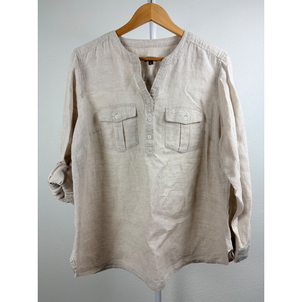 Talbots Plus Petite 2XP Linen Tunic Top Oatmeal Beige Roll Tab Sleeve Blouse